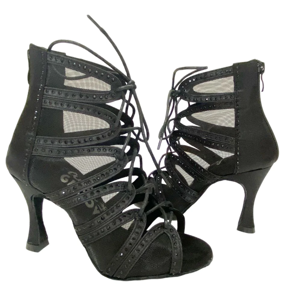 Customized Dance Shoes Black Satin With Black Rhinestones on Soft Latin Ballroom Dancing Booties For Women 34 to 44 Big size
