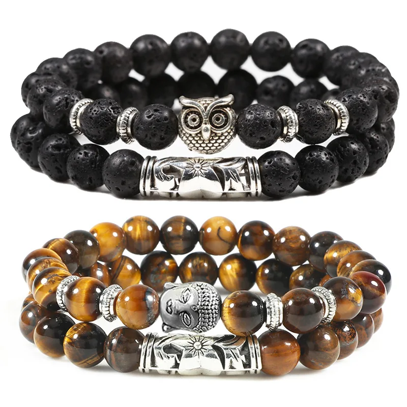 

2pcs/set Buddha Head Bracelet for Women Men Natural Tiger Eye Lava Stone Yoga Beads Distance Bracelets Charm Couple Jewelry Gift