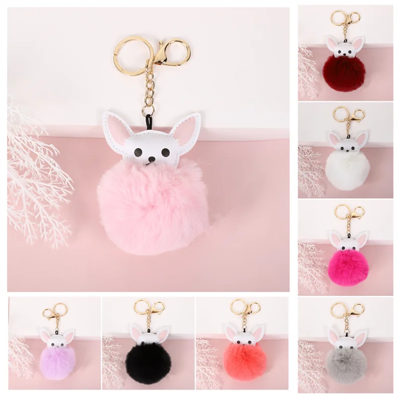 

8pcs/Lot Cute PU Leather Dog Animal Keychain Women Plush Pom Pom Ball Key Chain Faux Rabbit Fur Key Ring Car Bag Charms Pendant