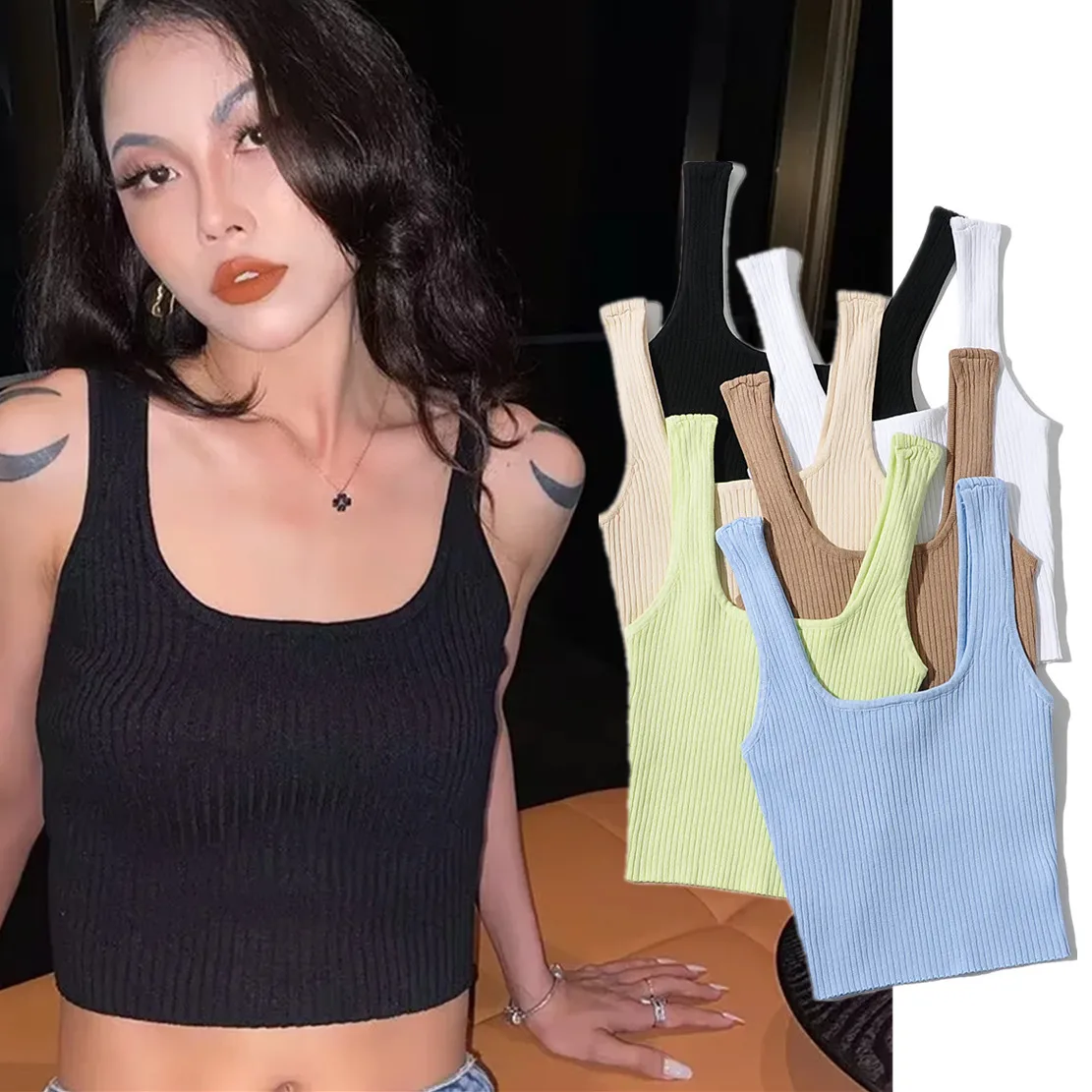 

Withered 2023 Ins Fashion Blogger High Street Cotton Knitted Rib Tank Tops Short Camisole Summer Tshirts Women