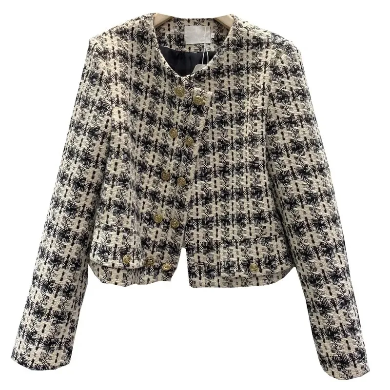 

Women's Plaid Tweed Autumn Winter Cotton/Lining Fashion Double Button Suit Coat Female Retro Blazers