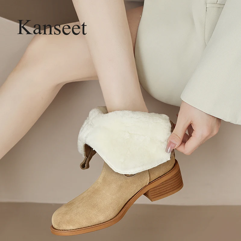 

Женские сапоги до середины икры Kanseet, осенне-зимние сапоги из натуральной кожи с круглым носком, на молнии, с шерстяным мехом, на среднем каблуке, большие размеры 43, 2022