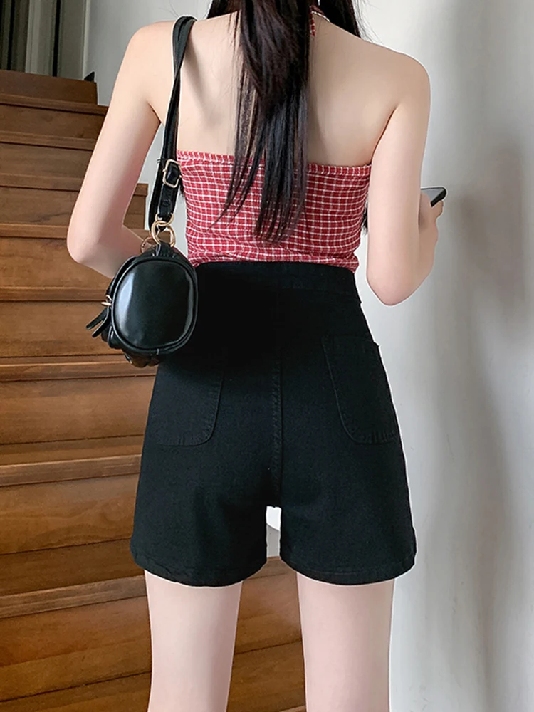 New Summer Women High Waist Loose Fit Black Denim Shorts Streetwear Female Button Solid Color Jeans Shorts Bottoms