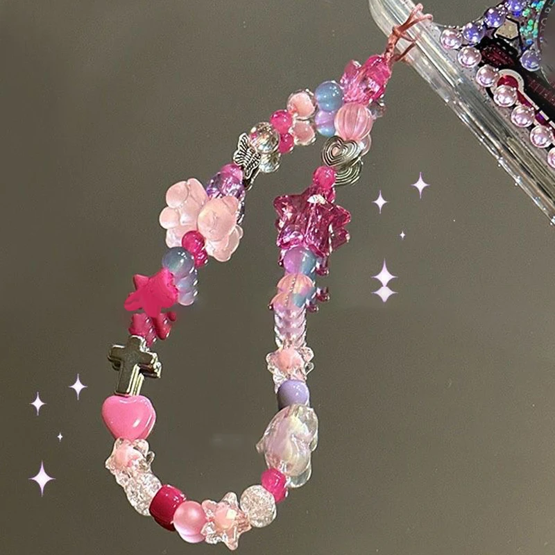 Подвеска для телефона с розовым медведем и бусинами