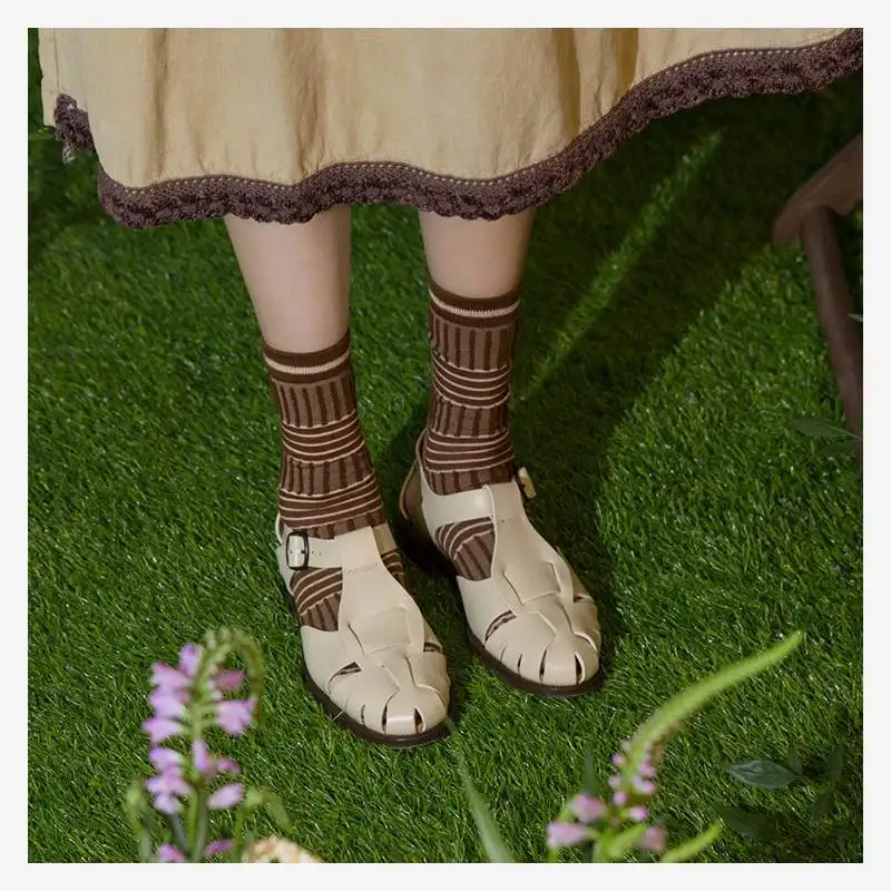 women sandals Hereu Summer Mary Jane Closed Toe Sandals Women's Woven round Toe Genuine Leather Bag Heel Buckle Flat Roman Shoes