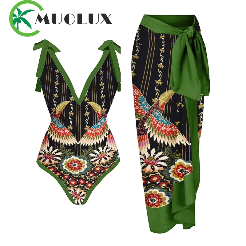 MUOLUX 2023 Retro Print Deep V Swimsuit One-Piece Bikini Set Skirt Fashion Women Cover Up Swimwear Summer Beachwear Brazilian