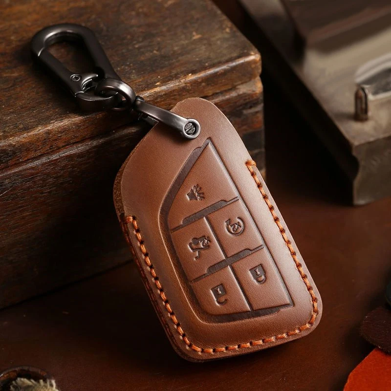 SILLY CAT Handmade Genuine Leather Car Key Case Cover Fob Shell Bag Protector Suitable For Cadillac CT5 CT4 2020- Key Case Cover