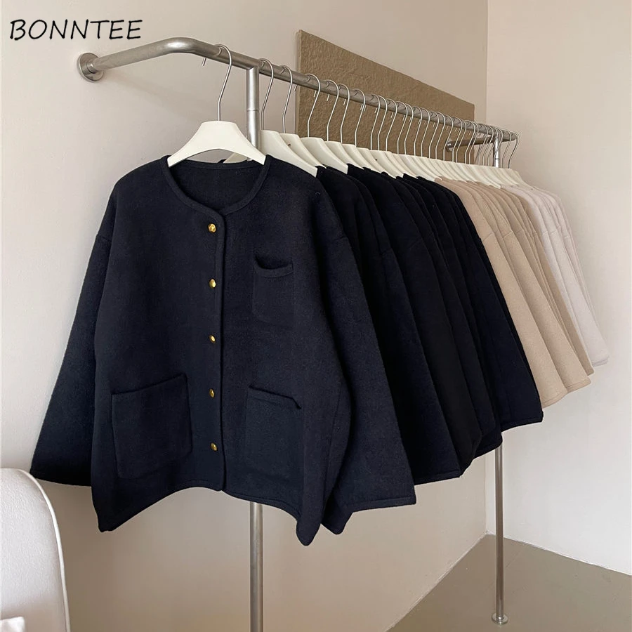 

O-neck Pockets Single Breasted Cardigan Women Simple Solid All-match Elegant Chic Outwear Thicken Korean Style Streetwear Coats