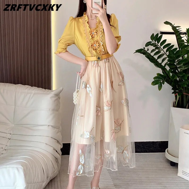 

Elegant Summer Two Piece Sets Womens Patchwork Lace Flower Shirt +Embroidery Sequines Long Mesh Skirt Luxury Femme Outfits