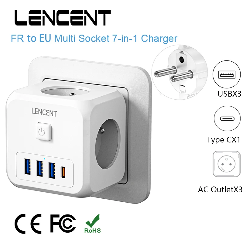 

LENCENT FR to EU Plug Power Adapter with 3 USB Ports 3 AC Outlets 1 Type C On/Off Switch Cord Overload Protection Multi Socket