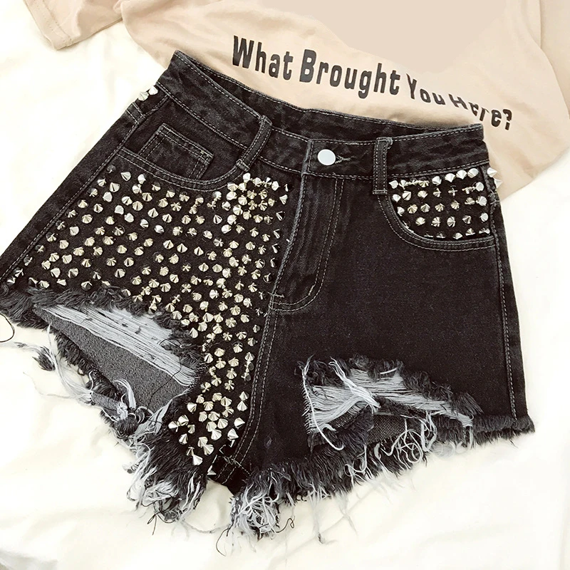 Dark Gothic Black Rivet Denim Shorts Women Holes Ripped Tassel High Waist Jeans Short Pants Y2K E-girl Punk Hip Hop Streetwear