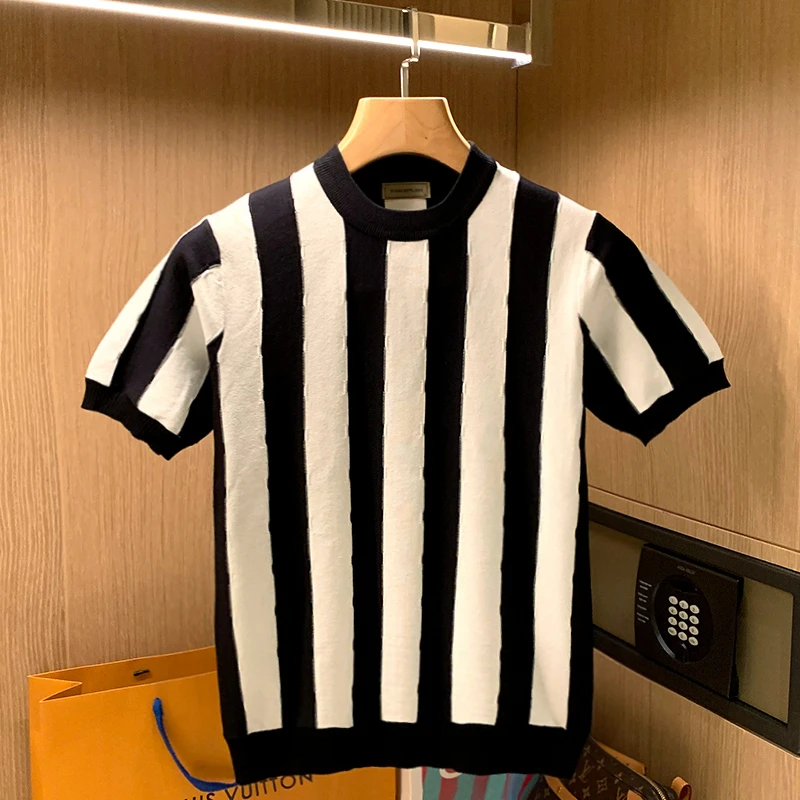 

Men 2022 Summer New Fashion Short Sleeve Casual T-shirt Men's Slim Fit Striped Tops Men's Knitted Round Neck Pullover Tees A65