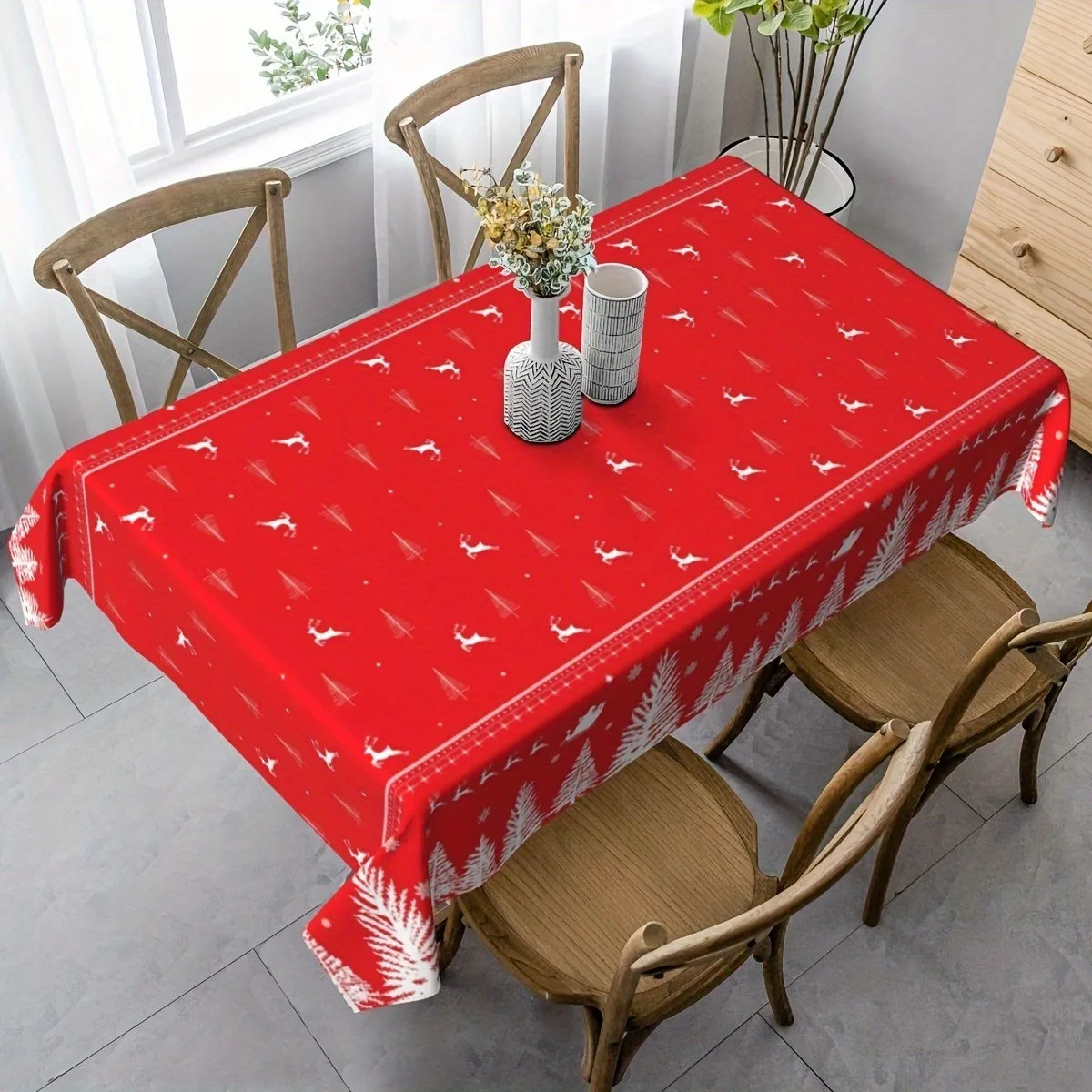 1pc Christmas Rectangular Tablecloth Red & White Tree Design Waterproof Plastic Table Cover for Dining