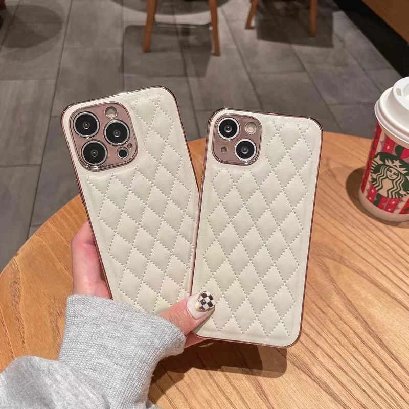 

White Simple High Quality Leather Diamond Case For iPhone 13 12 11 Pro iX XR Xs Max Soft Case SE 7 8 Plus Shockproof phone case