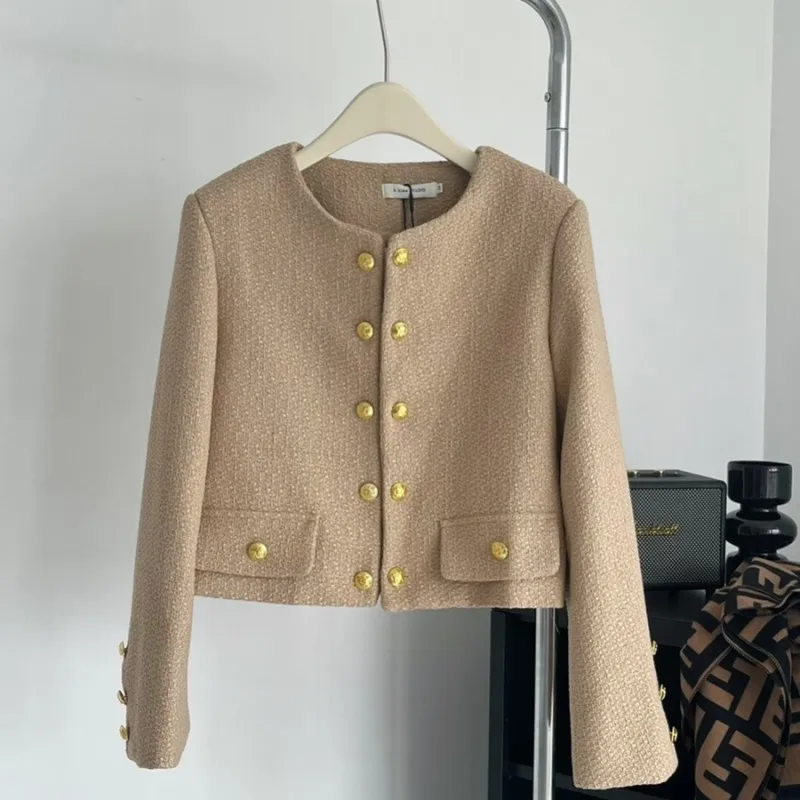 

Женское шерстяное пальто, подиумная винтажная приталенная куртка из твида с золотыми пуговицами, верхняя одежда на осень и зиму
