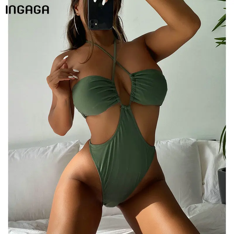 

INGAGA Halter Women's Swimsuits One Piece High Cut Swimwear Cut Out Monokini Backless Bathing Suits 2022 Criss Cross Bodysuits