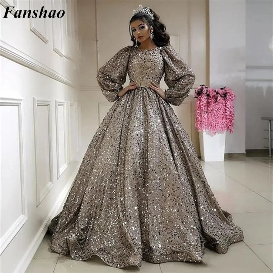 

Fanshao wd800 Sequin Quinceanera Dresses Jewel Long Sleeve Arabic Dubai Style Prom Sash Puffy Sweet 16 Evening Dress