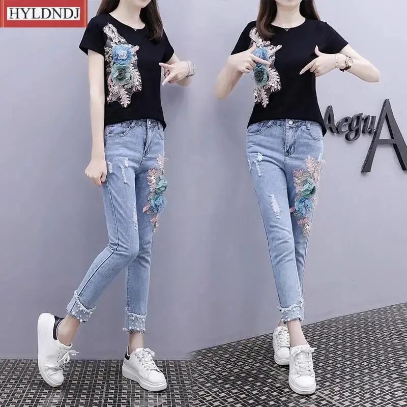 2023 Summer New Women Denim Pants Beaded Embroidery Short-Sleeved + Small Feet Hole Jeans Female Two-Piece One-Piece/set