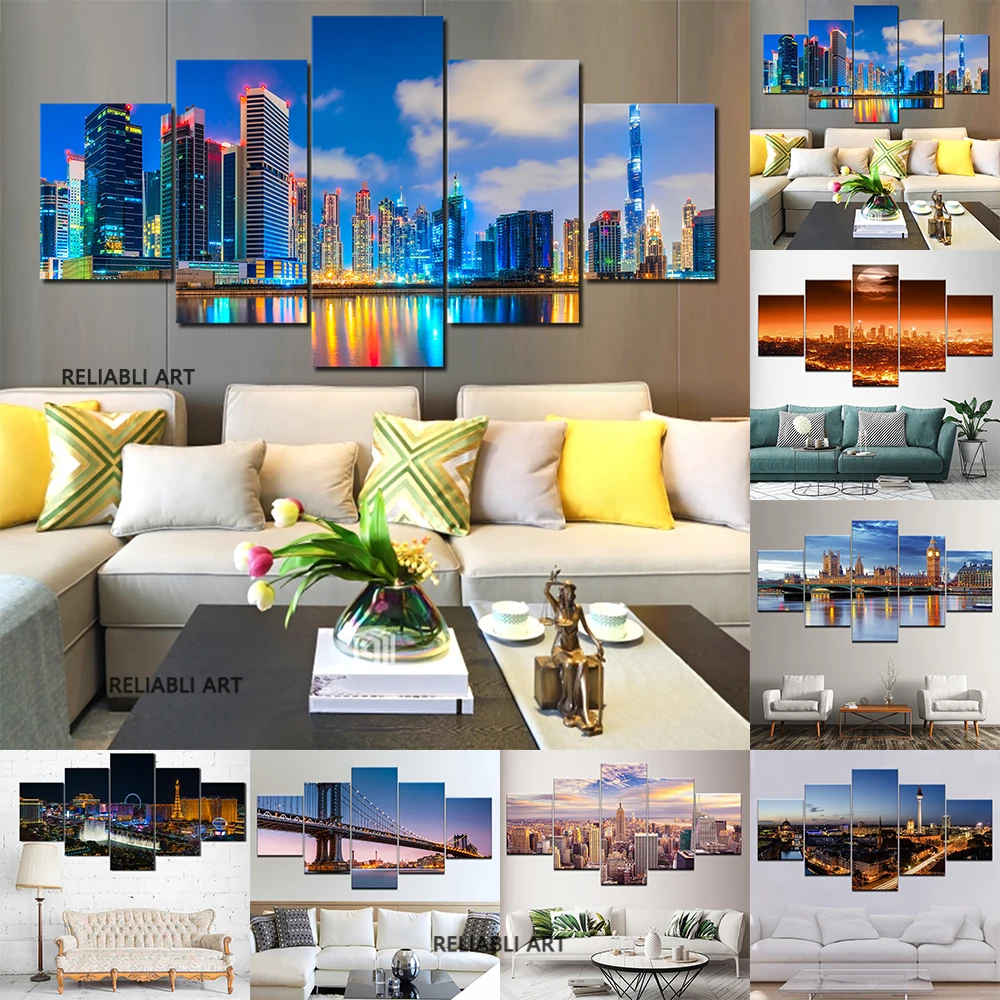 

5 Panels Modern City View Wall Pictures Building Bridge Landscape Canvas Painting Bustling City Poster Living Room Home Decor