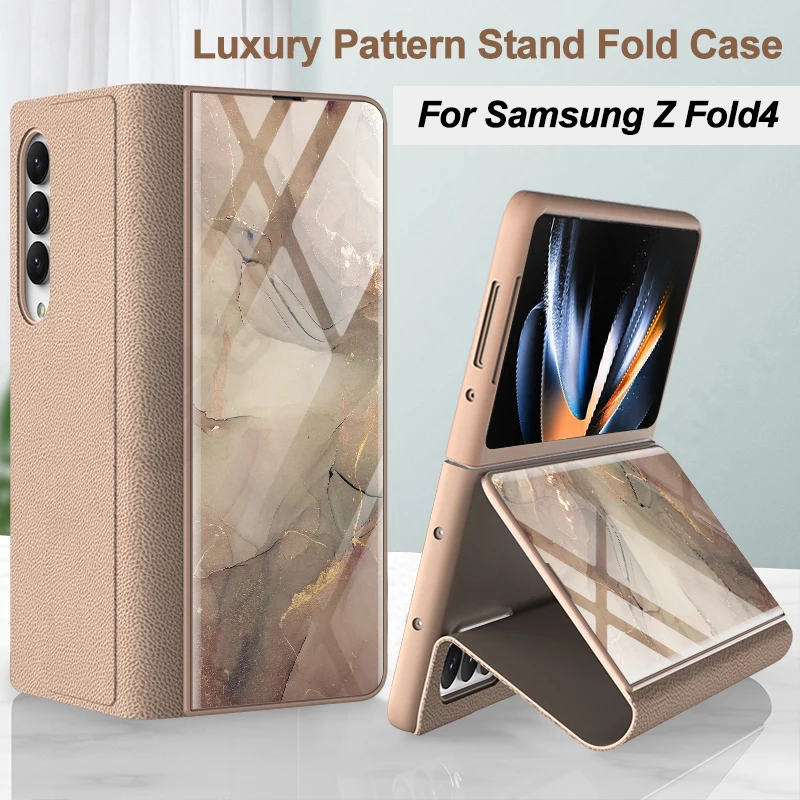 

Luxury Leather Fold Hard Case For Samsung Galaxy Z Fol 5 Fold 4 Cover Painted Tempered Glass Protection For Galaxy Z Fold4 Case