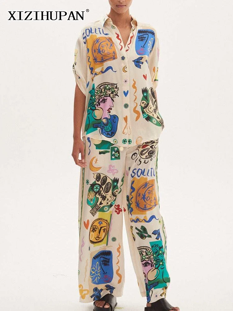 

XIZIHUPAN Hit Color Print Set For Women Lapel Half Sleeve Patchwork Buttons Shirt Loose Pant Casual Two Piece Sets Female 2023