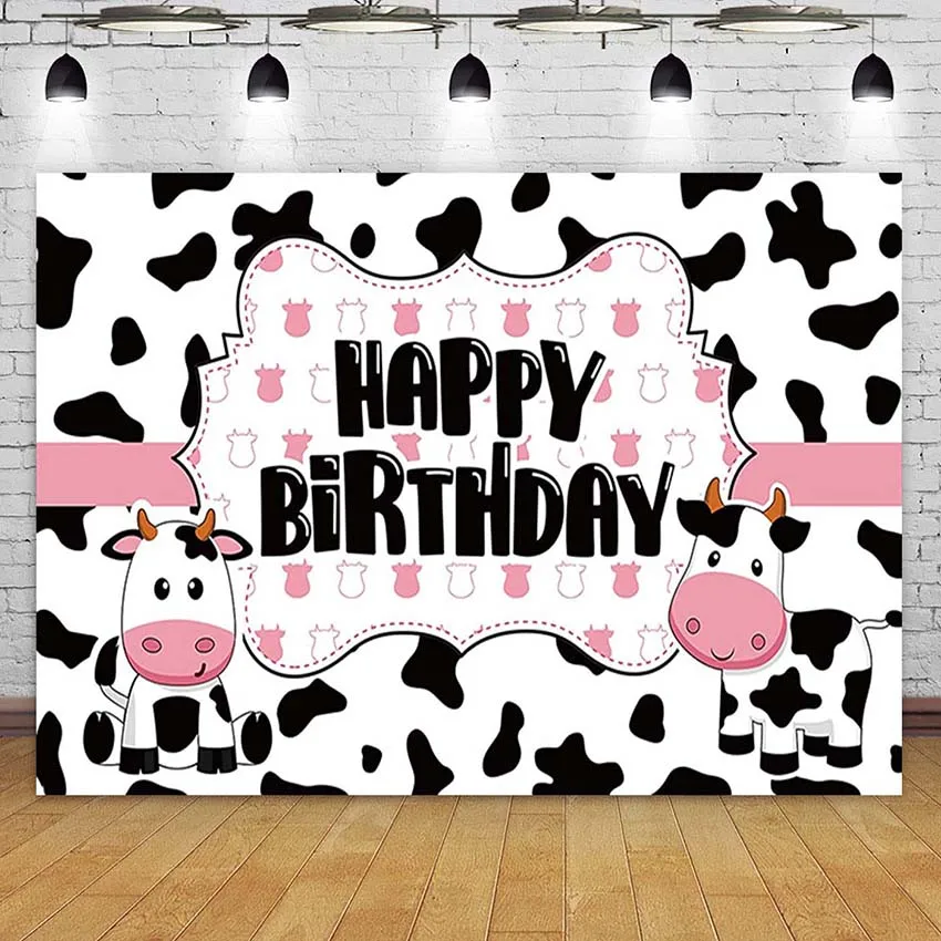 Pink Cow Farm Theme Backdrop West Cowgirl Happy Birthday Party Decor Banner Photo Booth Background for Girls 1st 2nd 3rd B-day