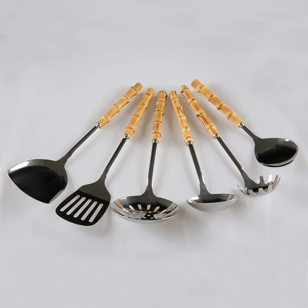 6PCS Stainless Steel Basting Brush Whisk Tong Turner Spatula Scoop Ladle Soup Serving Spoon Bamboo Root Silicone Kitchenware - купить по