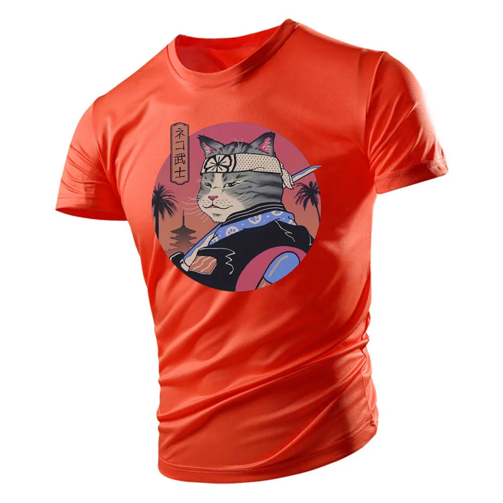 

Летняя мужская футболка с принтом самурайского кота в стиле Харадзюку 2023, повседневный спортивный топ с круглым вырезом для фитнеса и бега, уличный ретро Топ в стиле хип-хоп с коротким рукавом
