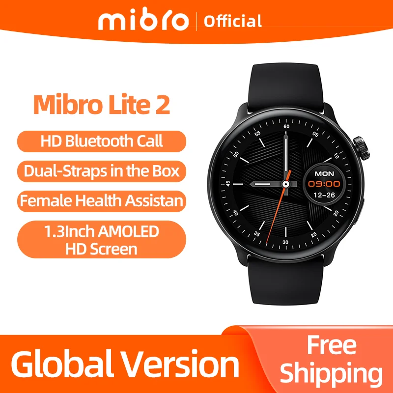 Mibro Lite2 Smartwatch Global Version HD Bluetooth Calling 1.3Inch AMOLED Screen AOD 2ATM Waterproof Sport Men Women Smart Watch
