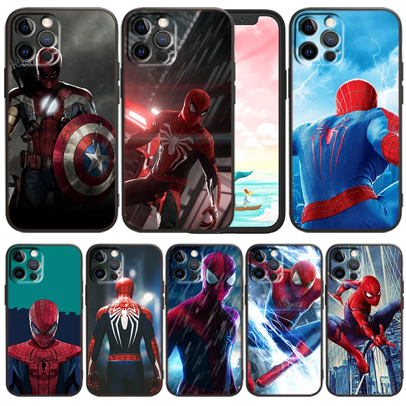 

Marvel Avengers Spiderman For Apple iPhone 13 12 Mini 11 XS Pro Max X XR 8 7 6 Plus SE 2020 5 Funda Capa Black Soft Phone Case