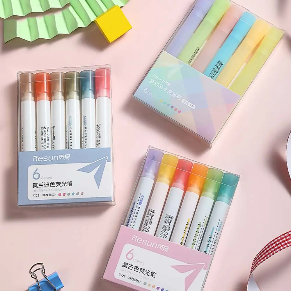 

6 pcs/set Makaron Morandi Color Highlighter Large Capacity Marker Pen DIY Photo Album Journal Fluorescent Pen Student Stationery