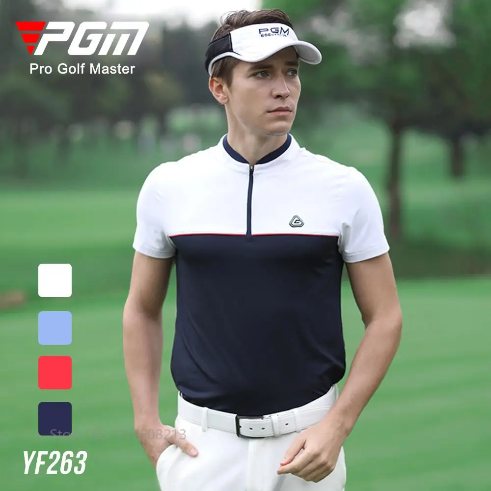 

PGM Male Zipper Collar Tops Patchwork Sports T-shirt Men's Short-sleeved Golf Shirt Muscle Elastic Golf Wear Men Fast Dry Jersey
