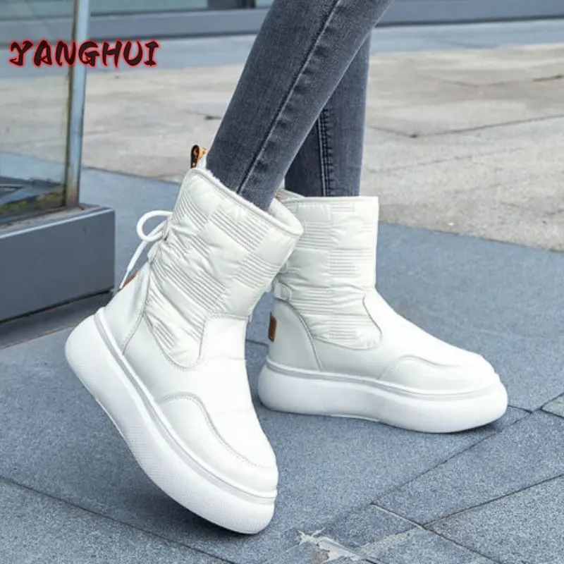 2022 Winter Plush Thickened Warm Snow Boots Women's Thick Sole Round Head Lace Up Oversize Shoes Casual Versatile Botte Femme