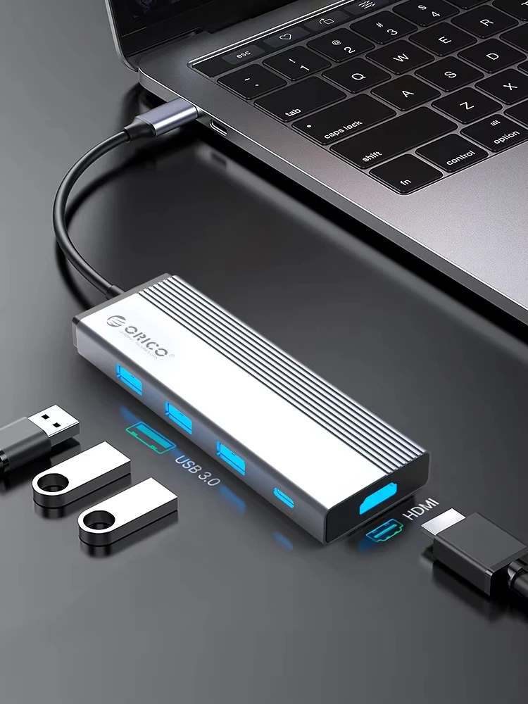 Фото Многопортовый адаптер ORICO 5 в 1 USB C Hub Type C с HDMI, RJ45 Ethernet, USB3.0, зарядной док-станцией PD 100 Вт и разветвителем для MacBook Pro и ноутбуков №3