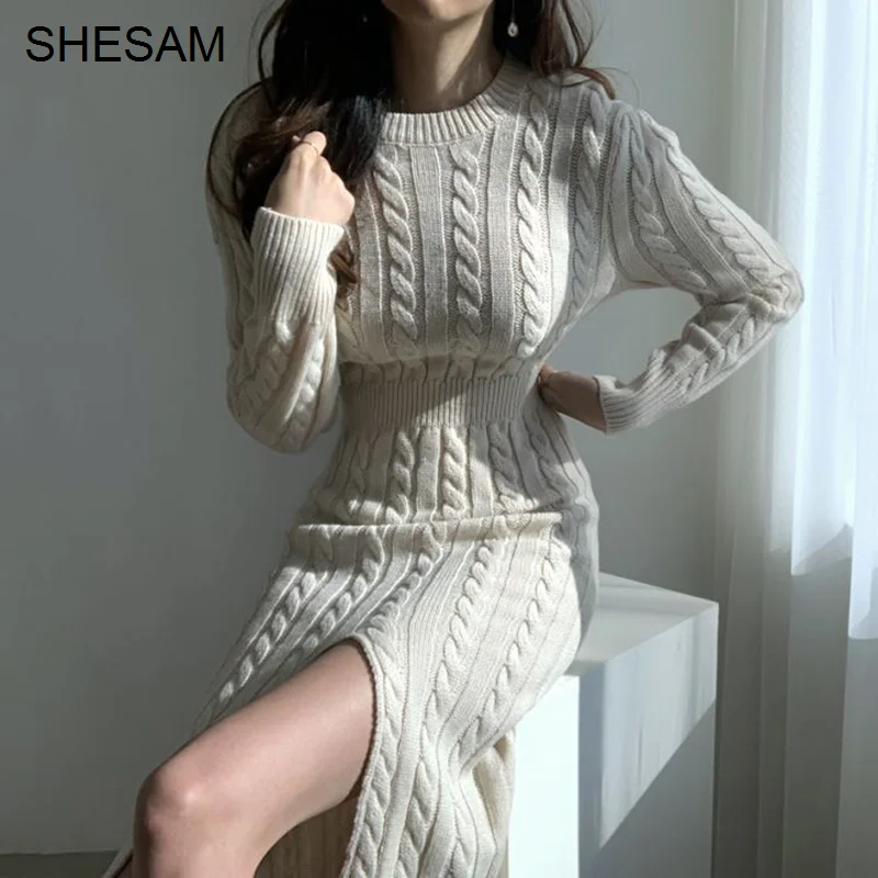 

One Piece Dress Korean Chic Autumn Temperament Round Neck Pullover Front And Back Two Wear Design High Waist
