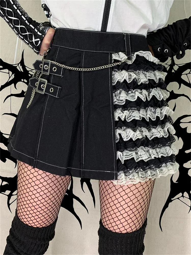 

Женская мини-юбка с завышенной талией, черная повседневная юбка составного кроя в стиле Харадзюку, готическая юбка в стиле пэчворк с кружевом и цепочкой, Y2k, 2023