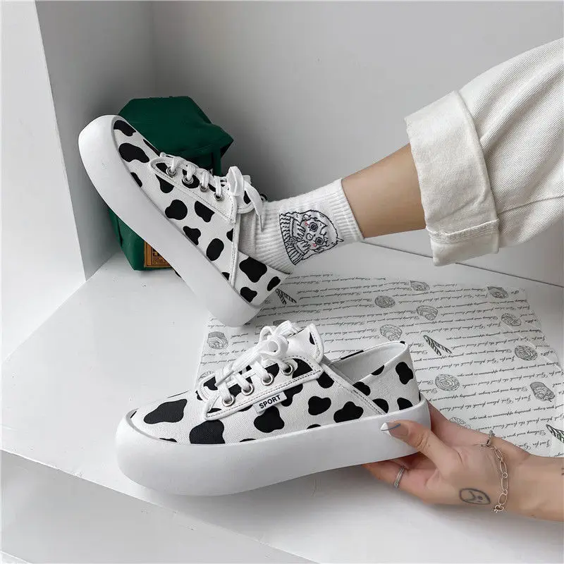 Cow Print Canvas Shoes for Women Japanese Style Fashion Autumn Platform Sneakers All-match Streetwear Daily Wear Ladies Footwear