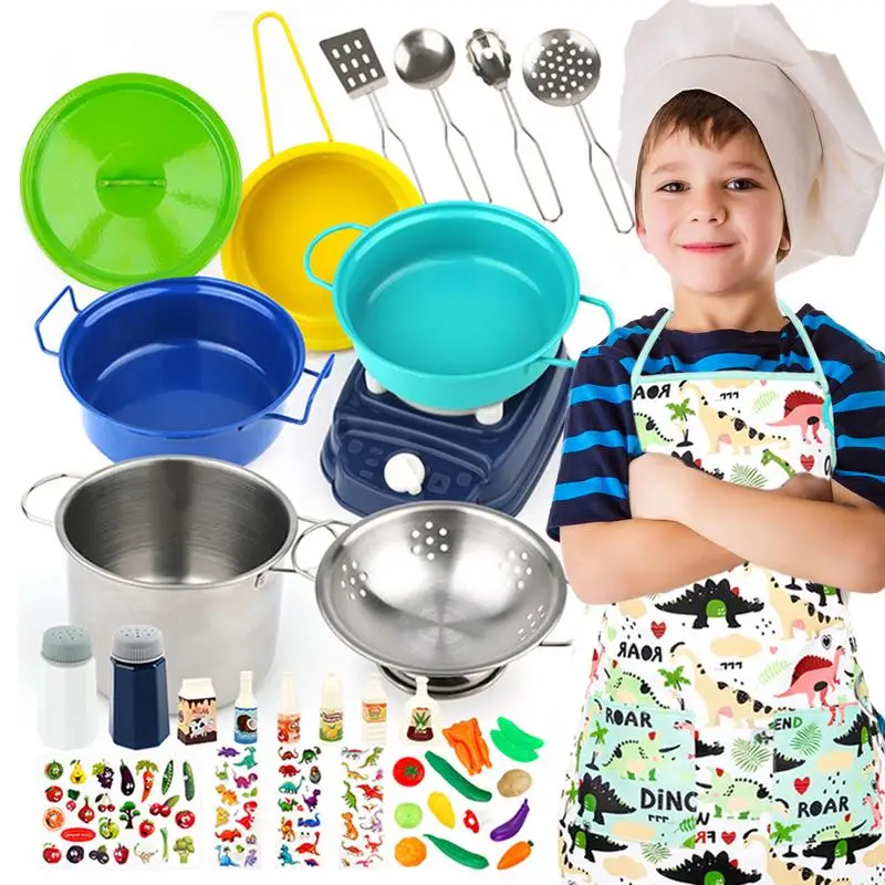 

Kids Cooking Set Kids Kitchen Cookware Kit Stainless Steel Cookware Pots And Pans Set 37pcs Play Kitchen Accessories For Boys