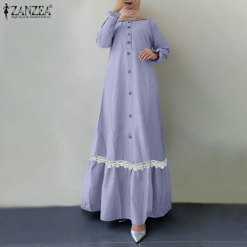 Весеннее женское платье ZANZEA с длинным рукавом, мусульманское платье, женская хиджаб, платье Jilbab, винтажное кружевное лоскутное платье с обо...