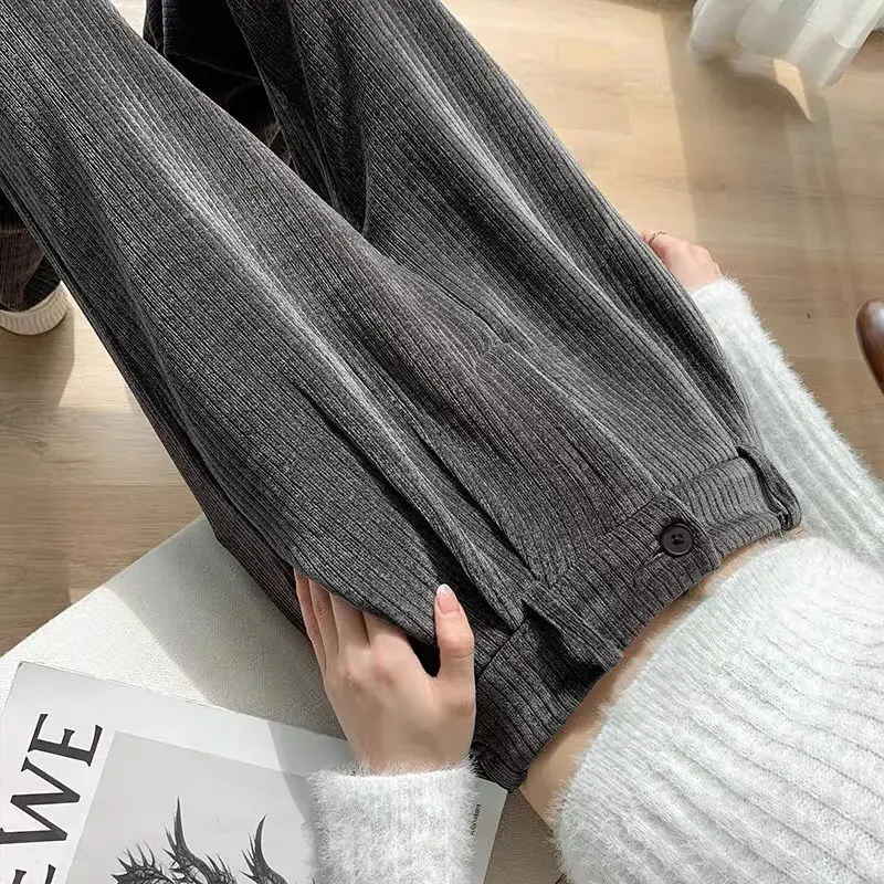 

Autumn Winter Fleece-Lined Thickened Chenille Wide-Leg Pants Women's New Corduroy Straight-Leg Pants High Waist Drape Mop Pants