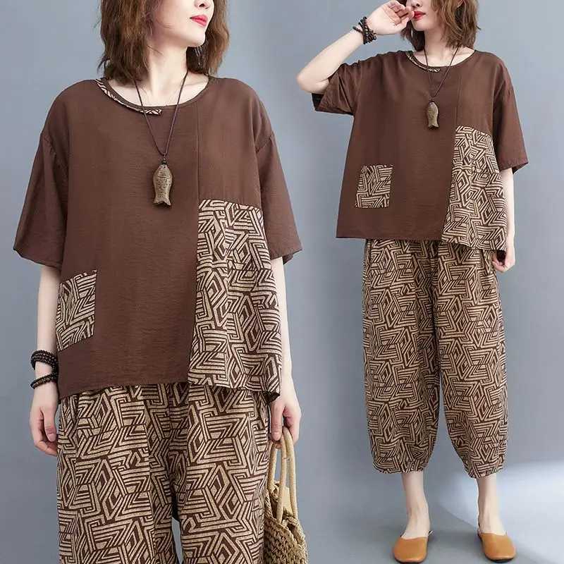 Футболка и укороченные штаны из чистого хлопка для женщин Свободный