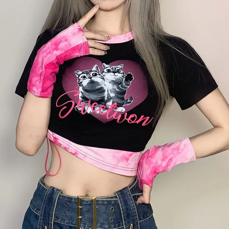 

Y2K New Sweetheart Top Women Short Black Pink Printed T-shirt With Sleeves Cuffs Tops Sexy Unique Straps Thin Waistless Tops