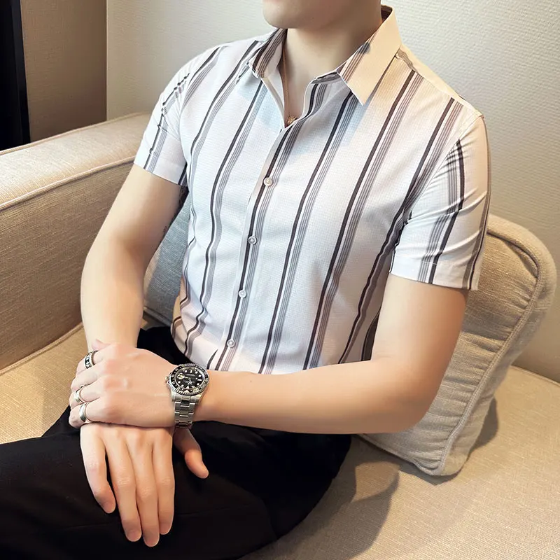 

British Style Short Sleeve Shirt for Men 2023 Summer Slim Business Casual Dress Shirts Social Party Streetwear Top Men Clothing