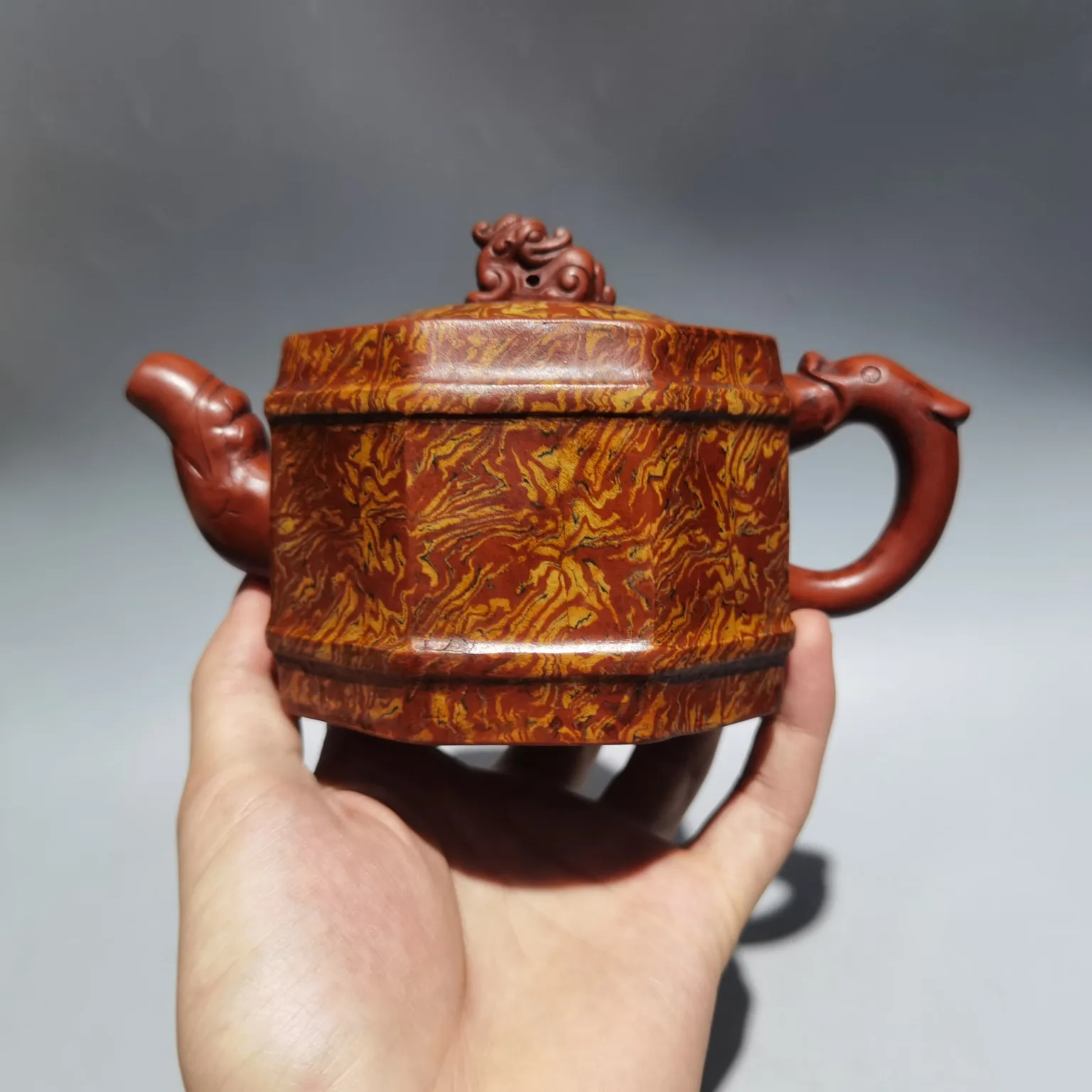 

7" Chinese Yixing Zisha Pottery brave troops cover beast mouth pattern kettle teapot flagon Red mud Gather fortune Office