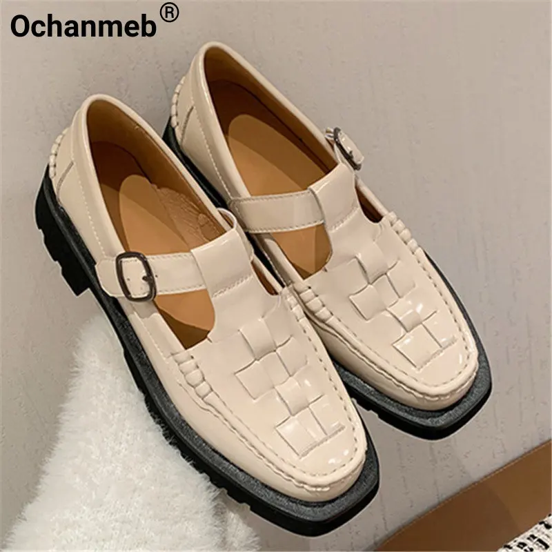 

Ochanmeb Women Real Genuine Leather Shoes Thick Low Heels Platform T-strap Buckle Mary Janes Pumps Retro Weave Shoes Brown Black
