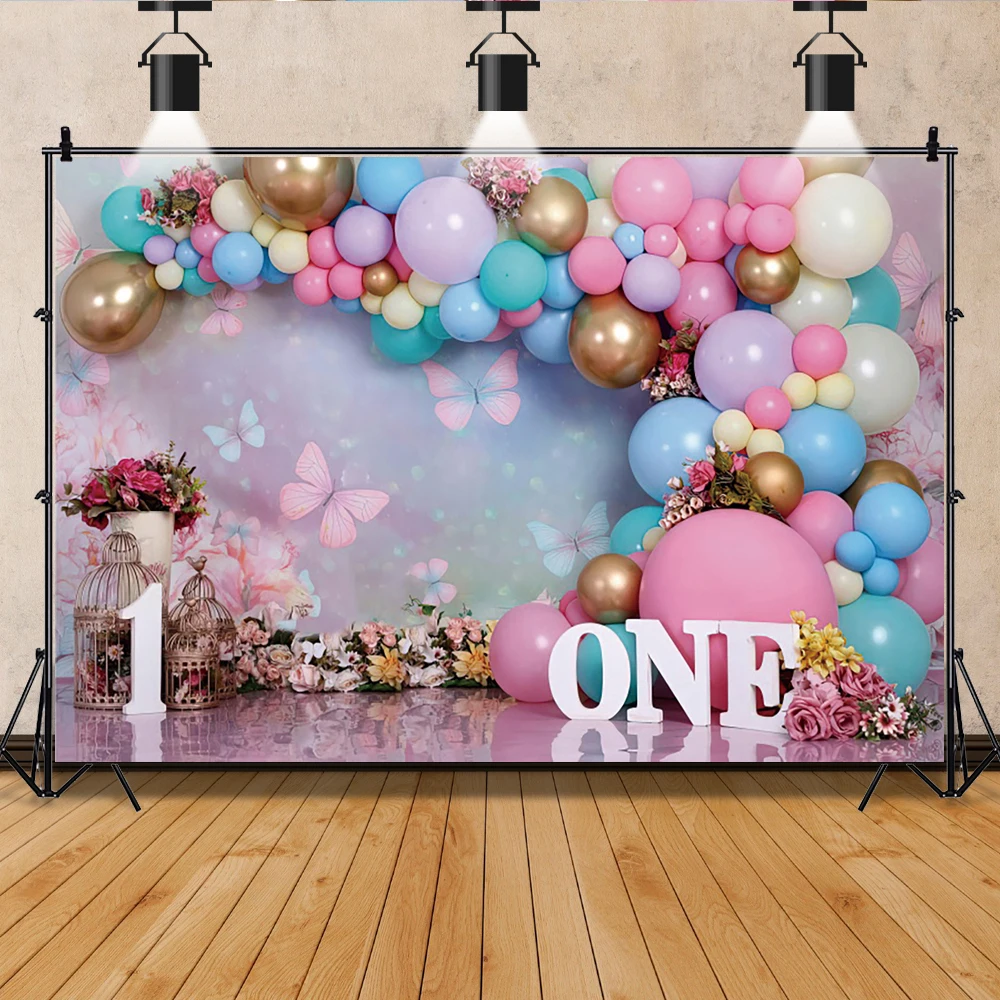 

Laeacco Newborn Baby 1st Birthday Backdrop Decoration Girl Pink Balloon Tent Flower Room Interior Photography Background Props