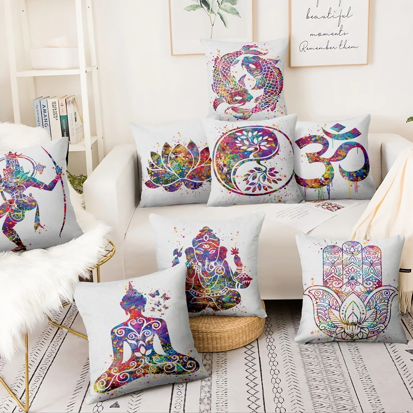 

45*45cm Polyester Zen Yoga Art Watercolor Print Pillowcase Home Pillow Decoration Sofa Pillow