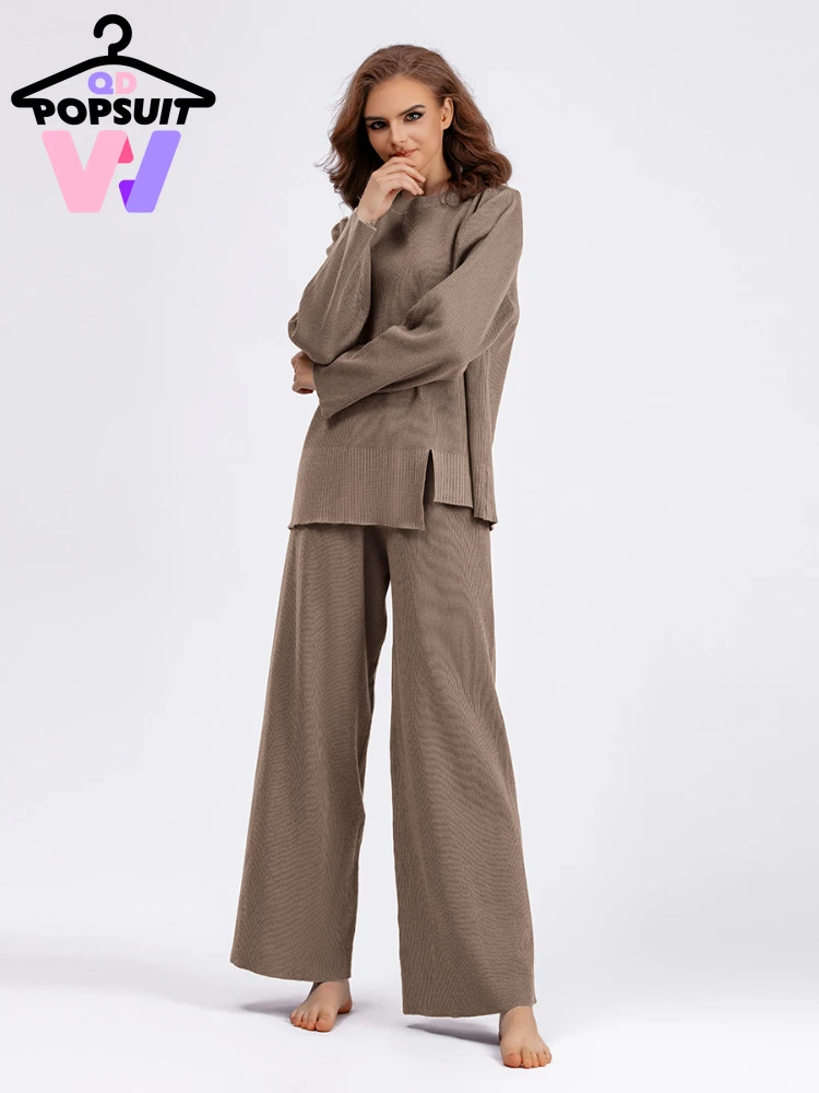 

Женский трикотажный костюм из двух предметов, элегантный свитер с круглым вырезом и широкие брюки, Осень-зима