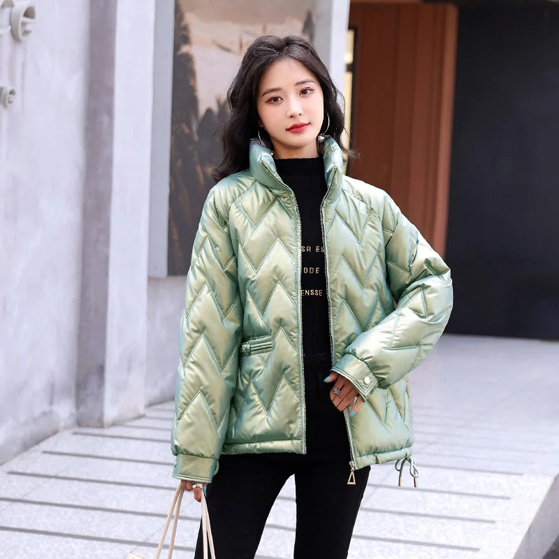 2022 Stand Collar Winter Jacket Women Bright Shiny Cotton Padded Warm Thicken Female Coat Short Parka Puffer Jacket