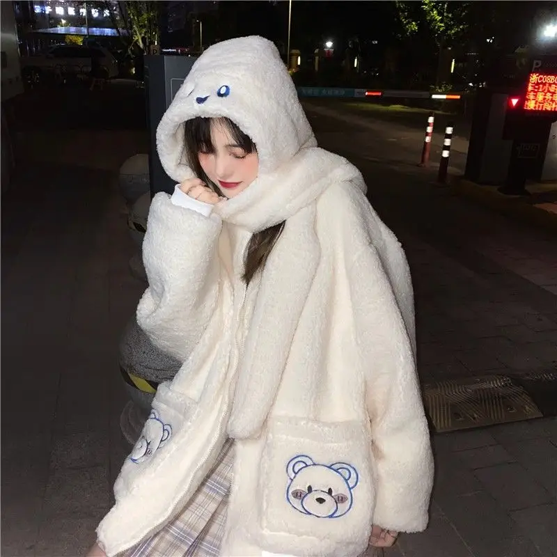 

Cute Bear Hoodie White Funny Oversized Korean Female Sweatshirt Long Sleeve Harajuku Hoodie Streetwear Autumn Kawaii Tops Women